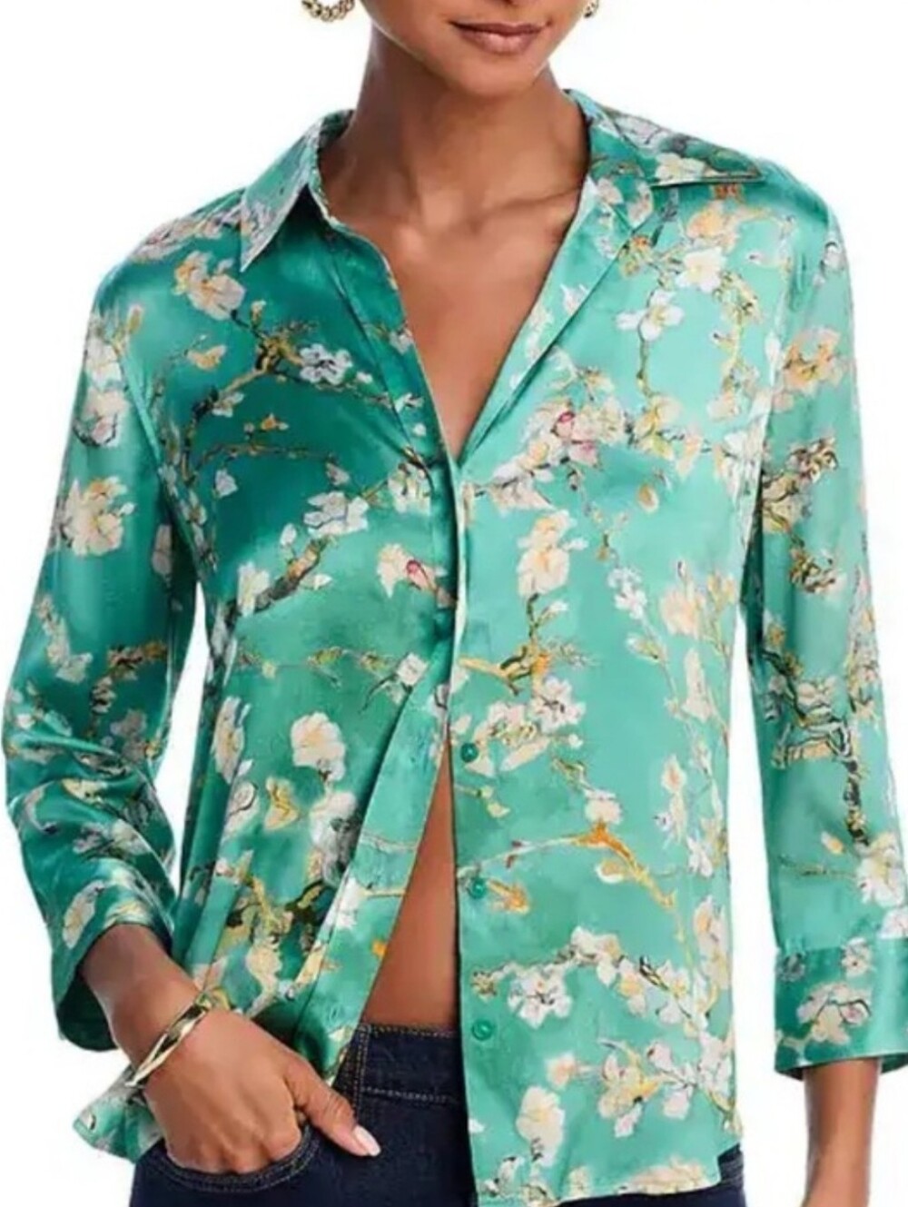 NEW L’AGENCE Dani Cherry Blossom Print 100% Silk Button-Up Shirt Size M